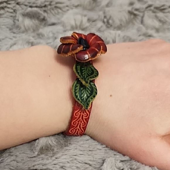 Handmade Leather Bracelet with Red Flower and Green Leaves - Picture 5 of 8